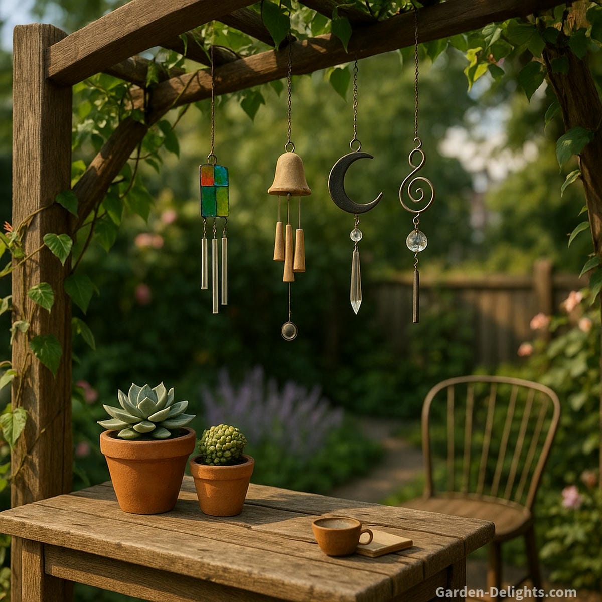 Symbolic small wind chimes with ceramic moons and spiral glass accents hanging from a wooden garden arch near blooming lavender channeling emotional calm, sacred movement, and Feng Shui energy flow