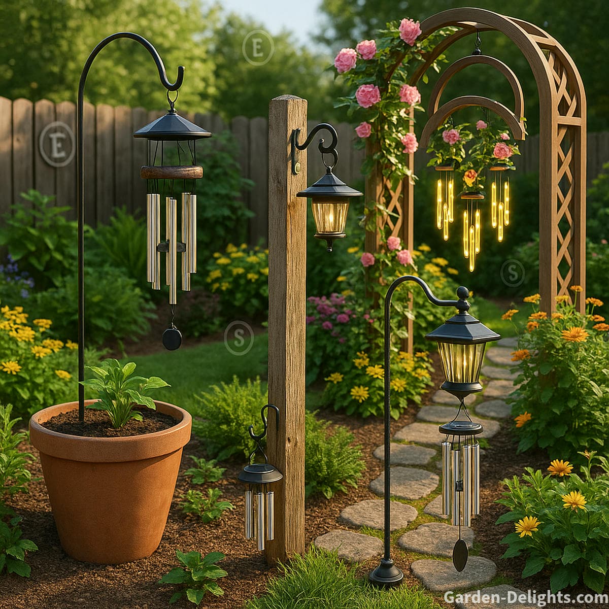 DIY solar wind chime mounting ideas using planters, trellis arches, fence posts and solar poles to improve LED glow, airflow behavior and nighttime garden ambience
