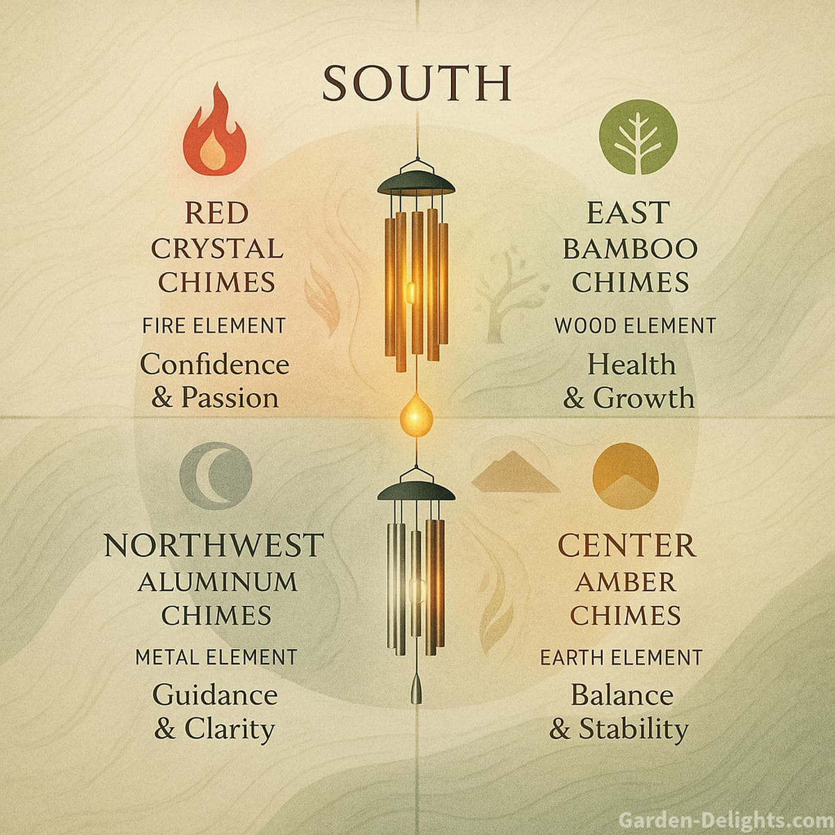 Feng Shui Bagua quadrant infographic showing solar wind chime placement by direction element LED color and tone including red crystal chimes for the south bamboo chimes for the east aluminum chimes for the northwest and amber chimes for the center with emotional benefits such as confidence harmony clarity and balance