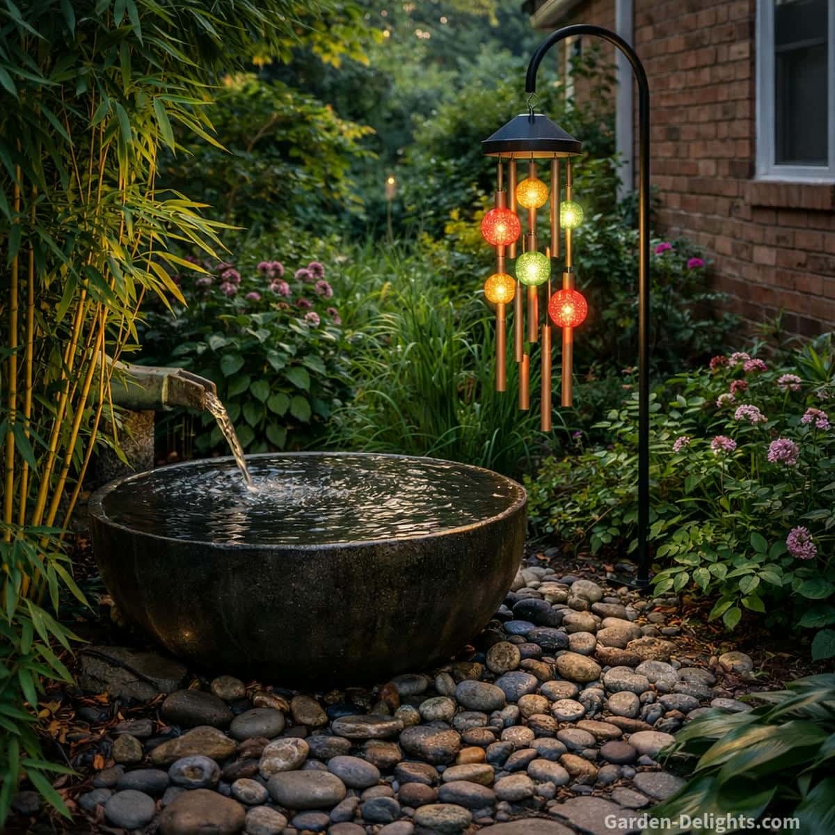 Solar wind chimes glowing over a Feng Shui southeast garden water feature with black stone bowl river stones bamboo foliage and warm LED tones guiding chi flow emotional balance and symbolic wealth energy at twilight