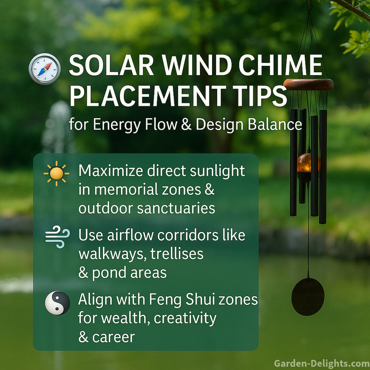 Solar wind chimes on a garden trellis and fence glowing at dusk—Feng Shui placement with Capiz and aluminum chimes above pastel flowerbeds for healing ambiance
