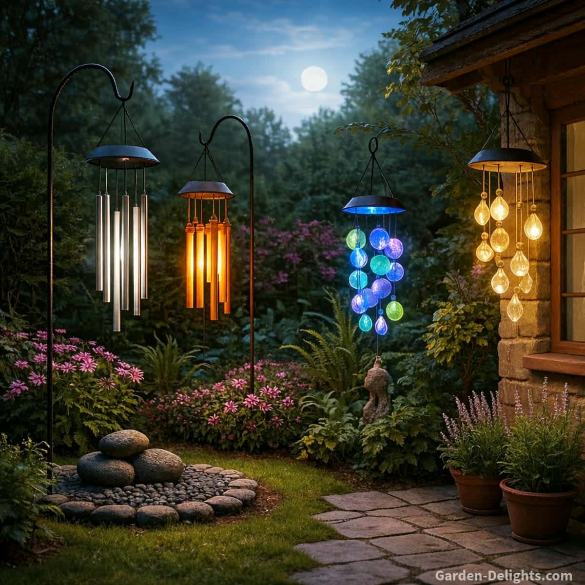 Solar wind chimes glowing at night with white, amber and color changing LED light that enhances bamboo, aluminum, crystal and capiz tones for calming garden ambience and Feng Shui energy flow