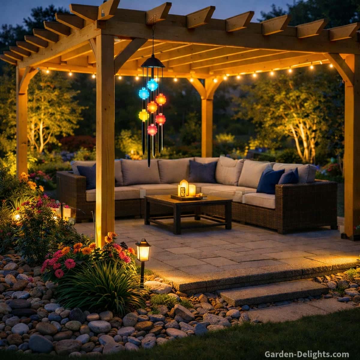 Light wood pergola with warm solar lights and colorful solar wind chimes glowing above grey patio seating, surrounded by a rock bed with flowers and soft evening ambience
