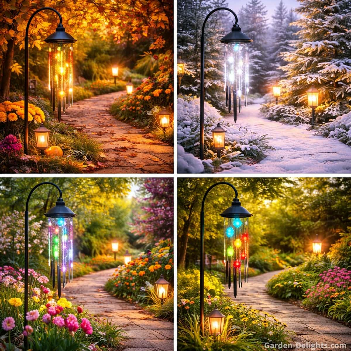 Seasonal solar wind chimes glowing with warm autumn amber soft winter shimmer bright spring color and calm summer sparkle placed along a garden edge with steady airflow and open sky
