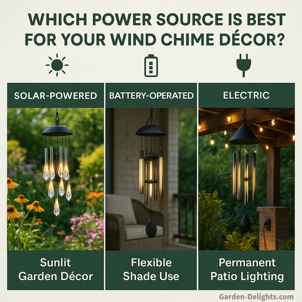 Side-by-side comparison of solar, battery, and electric wind chimes in different garden settings showing their best decorative use—sunlit flowerbeds, shaded balconies, and pergolas with LED lighting