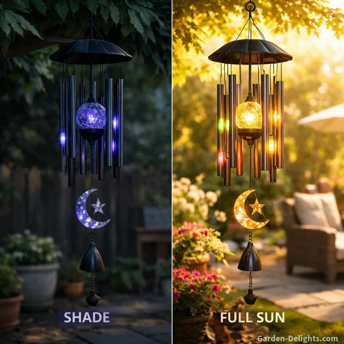Solar wind chime comparison showing dim LED glow in deep shade versus warm bright light in full sun which highlights proper solar charging airflow clarity tone stability and balanced evening ambience for patios gardens and meditation spaces