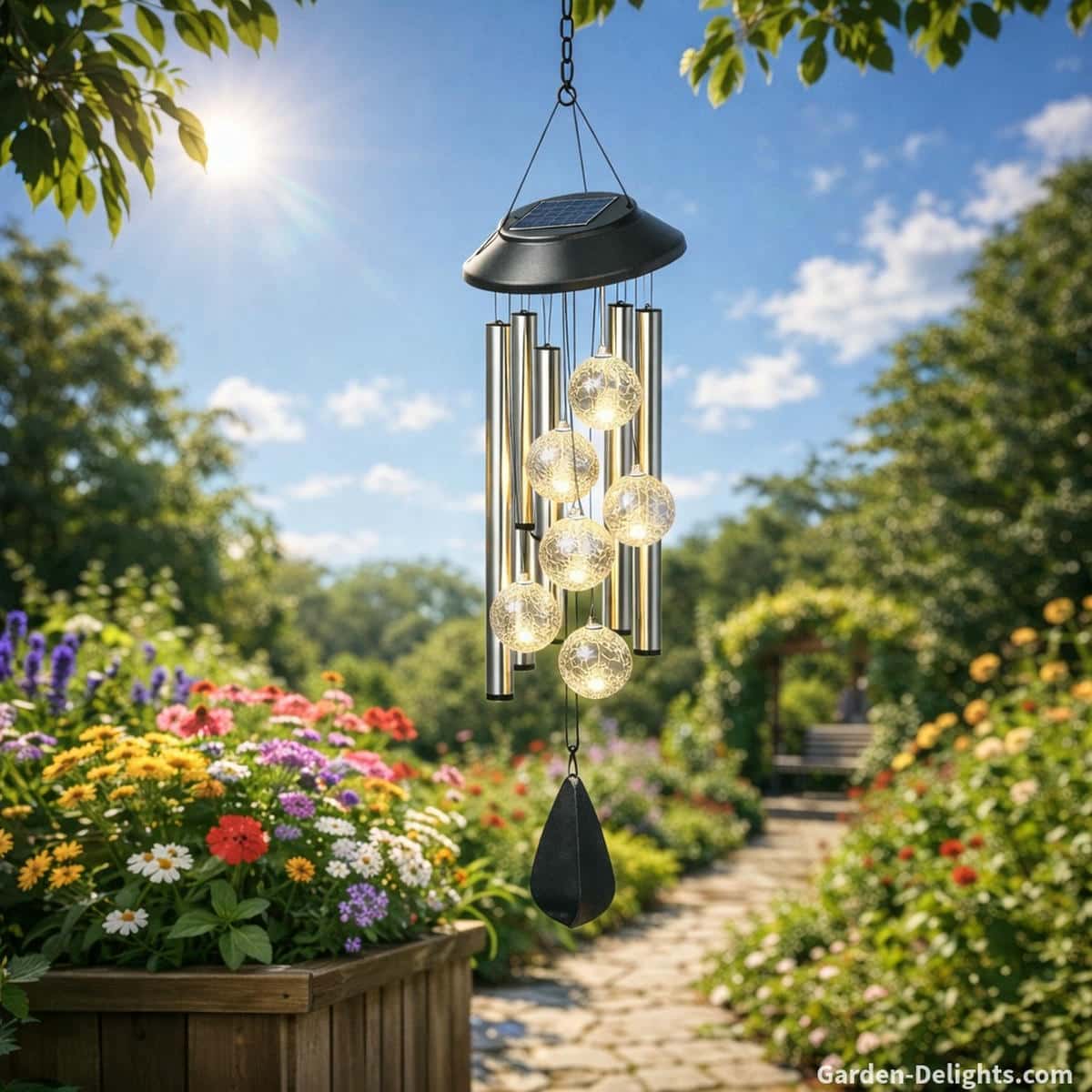 Solar wind chime hanging above a sunny garden planter at mid height where the panel faces the open sky for strong charging gentle tone and warm evening LED glow