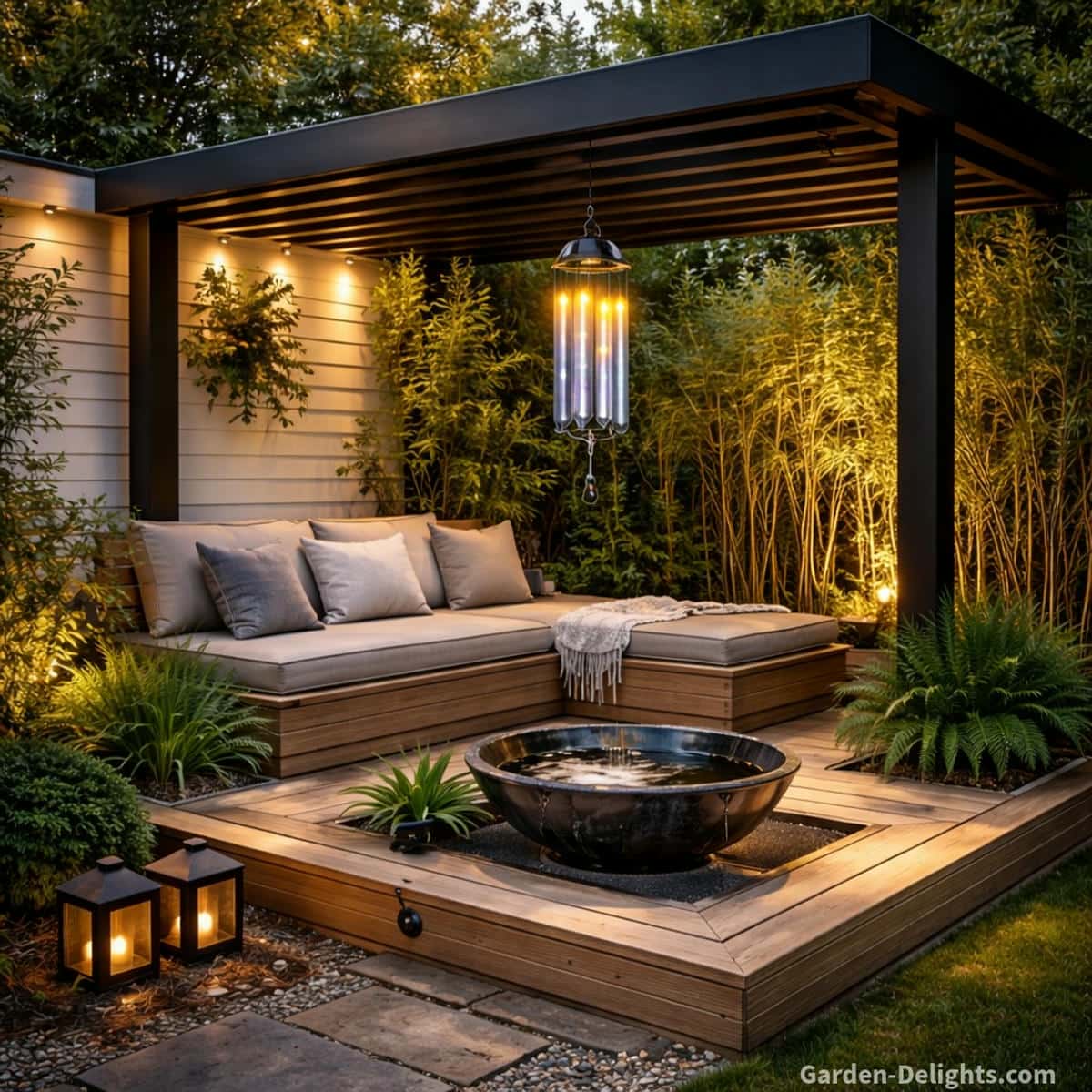 Solar wind chime glowing above a modern pergola meditation corner with warm LED light soft evening airflow and Feng Shui balance around a calming water feature and grounded seating space