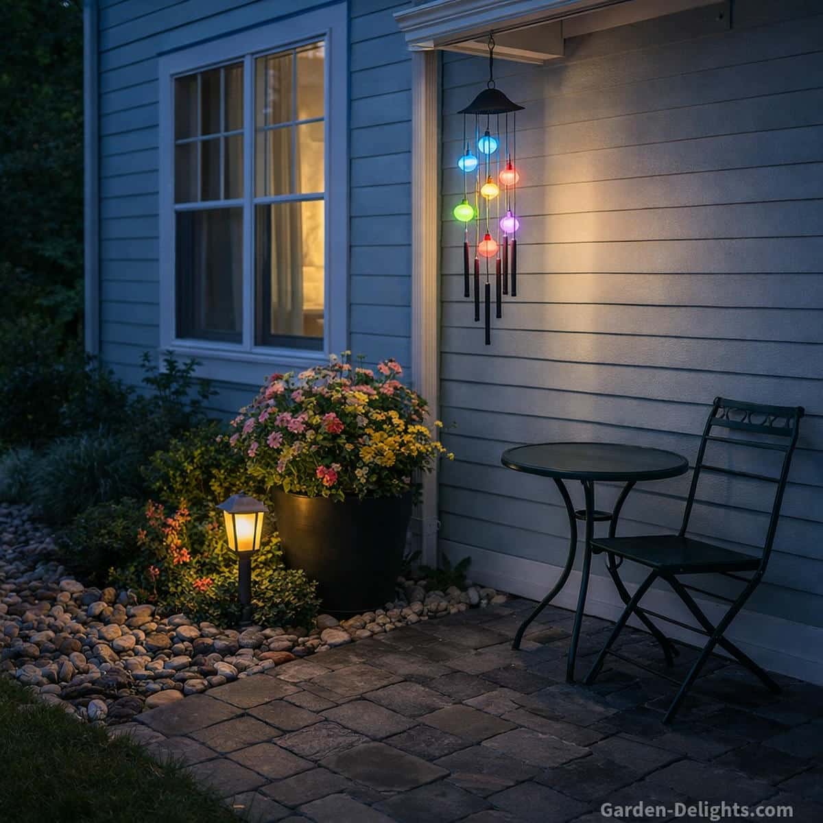 Solar wind chime glowing softly beside a light blue house with warm garden lighting a paver stone walkway a small dark green bistro table and a flower pot that brightens the quiet night corner