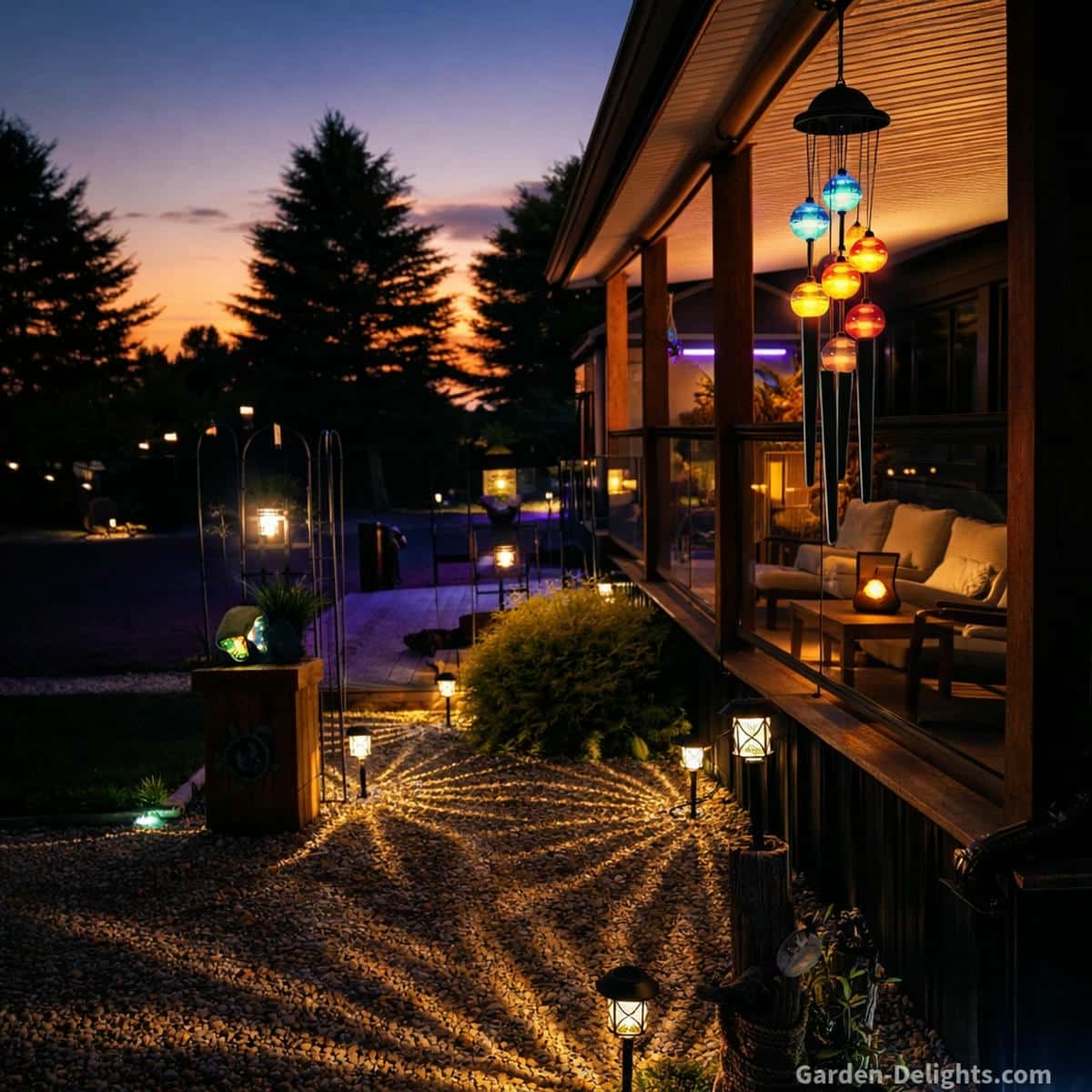 Colorful solar wind chime glowing above a sunset patio with warm amber seating light ground solar lantern paths and soft evening airflow creating calm outdoor ambience and emotional comfort