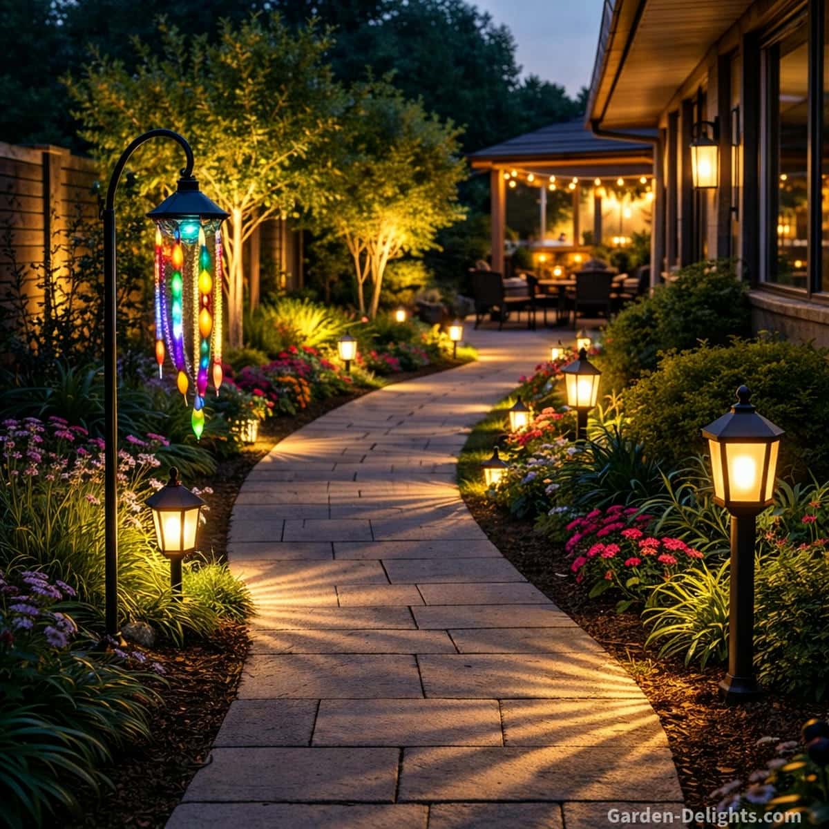 Solar wind chimes hanging from a tall shepherd hook beside a glowing garden walkway with ground lights bright post lanterns soft airflow gentle tone and warm evening ambience leading toward a patio and modern home