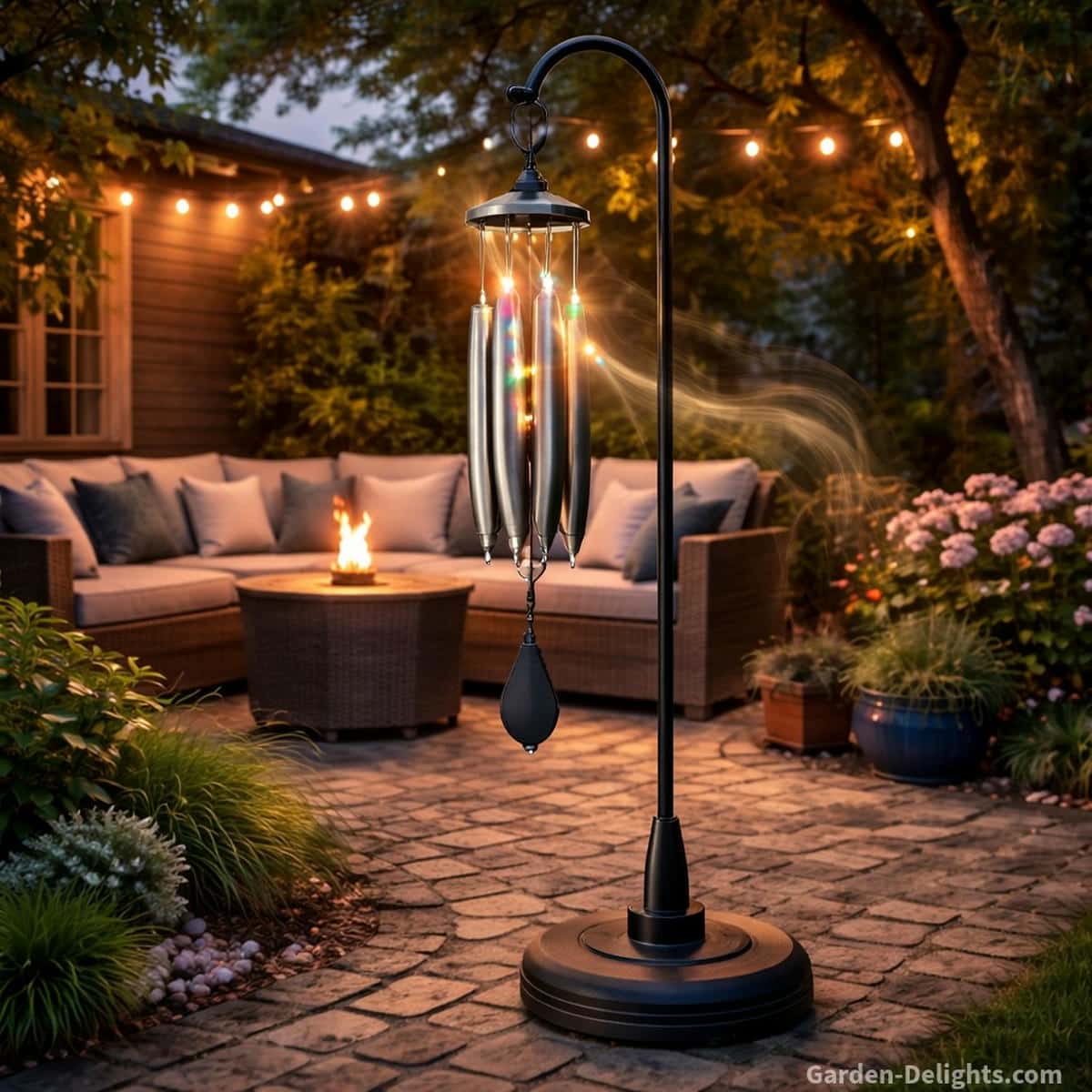 Solar wind chime mounted on a stable weighted hook along a breezy patio where controlled airflow steady hardware and balanced placement keep tone clear and LED glow even during windy evening conditions