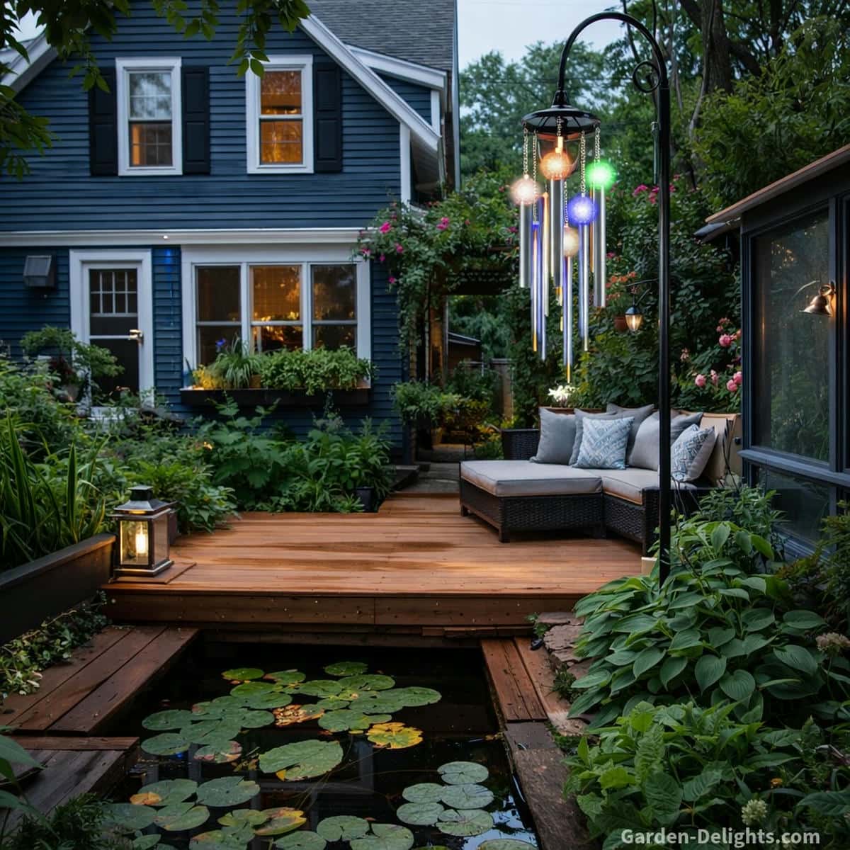 Solar wind chimes glowing above a peaceful backyard deck with dark blue house white trim black shutters wicker seating lily pond and soft LED colors shaping night ambience tone clarity and Feng Shui energy flow