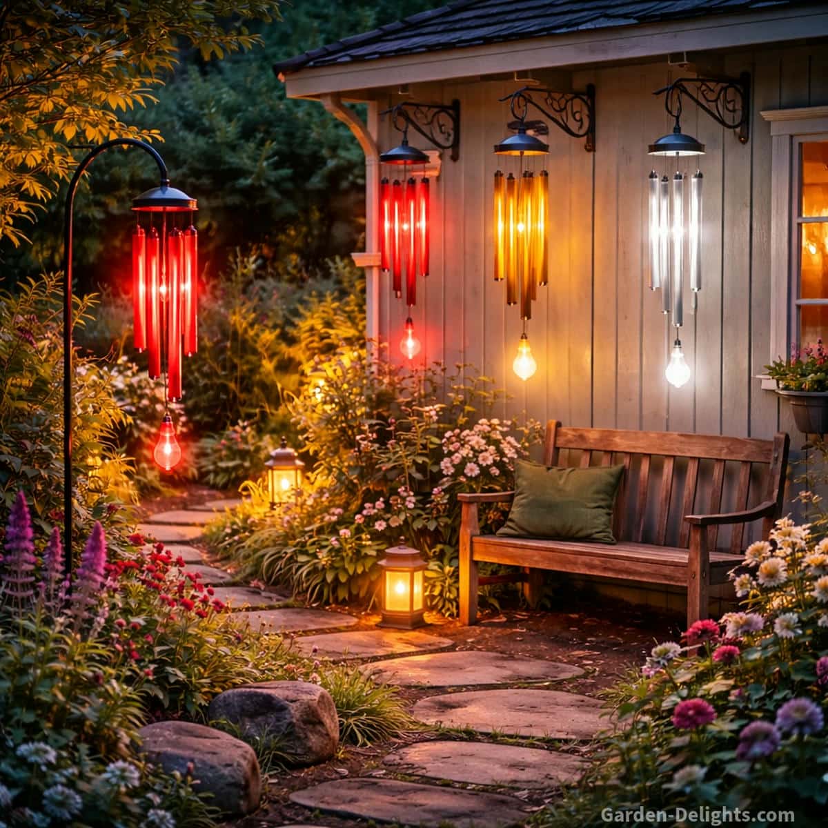Solar wind chimes at varied heights glowing red amber and white beside a decorative garden shed with ornate hooks a shepherd’s hook and a stone path where LED light and airflow guide chi movement and balanced Feng Shui night energy