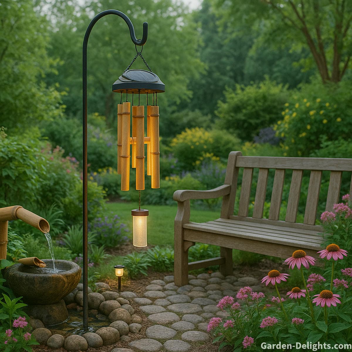 Solar-powered wind chimes glowing at dusk in a memorial garden—crafted with bamboo and aluminum, hanging near a meditation bench with soft LED lights illuminating planters, flowerbeds, and stone paths. Symbolizes remembrance, healing, and eco-conscious decor.