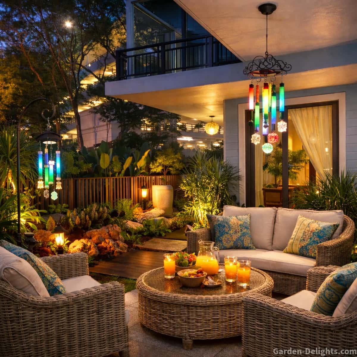 Colorful solar wind chimes glowing at dusk on a tropical patio with light wicker seating cool blue house trim warm LED reflections and gentle airflow shaping calm evening ambience among lush plants