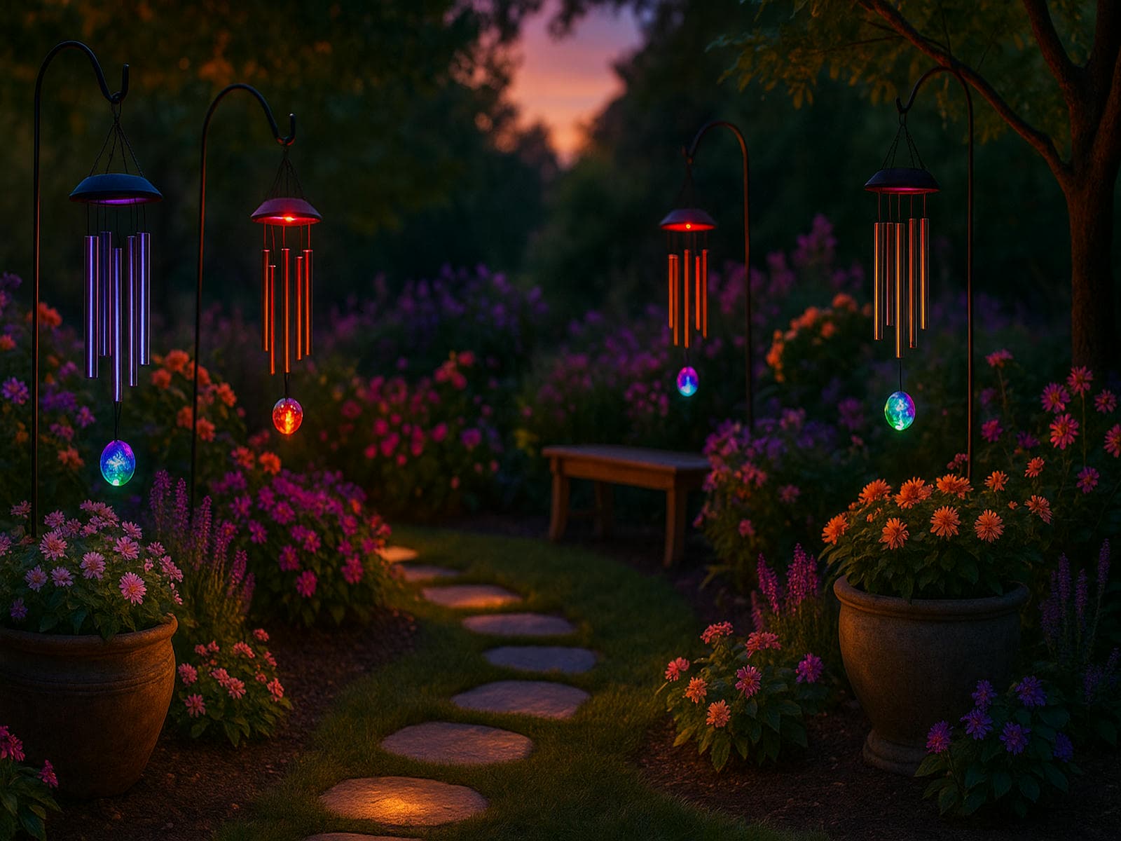 Color changing solar wind chimes glowing at twilight above flower filled planters and softly lit stepping stones hanging from shepherd’s hooks near a peaceful bench to create outdoor ambience and healing light