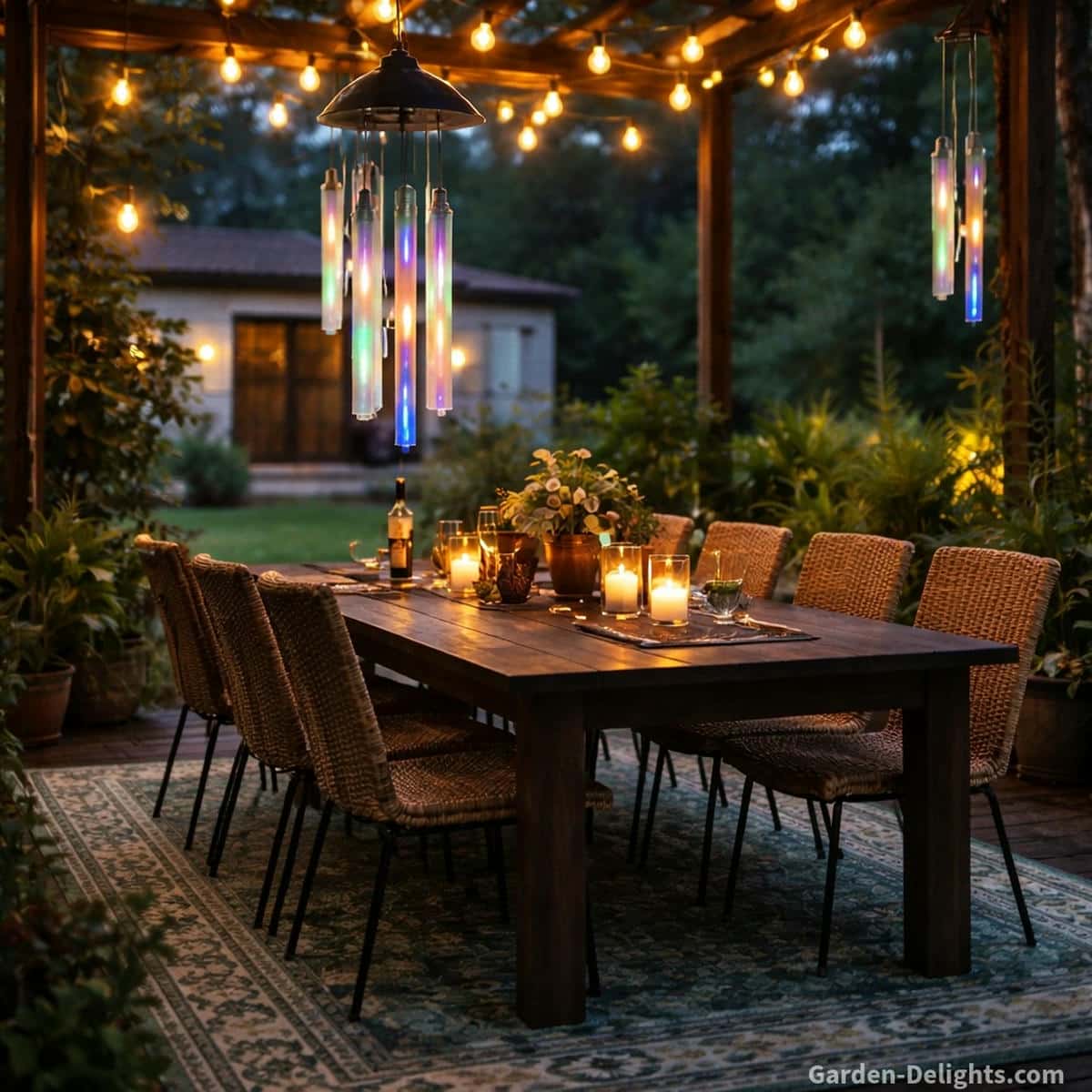 Twilight patio dining scene with dark wood table wicker chairs green patterned outdoor rug candlelit ambience and soft glowing solar wind chimes hanging from pergola posts gently shaping evening airflow emotional calm and Feng Shui balance
