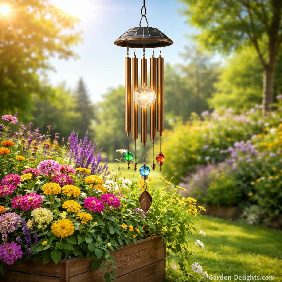 Solar wind chime hanging above a garden planter in full sunlight where the raised height open sky line and angled solar panel support strong charging and bright evening glow for outdoor decor
