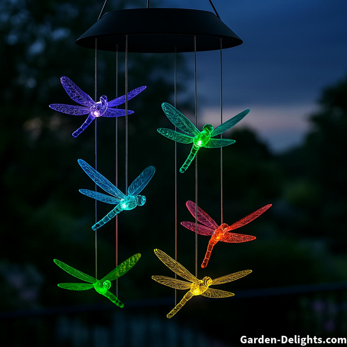 Color-changing dragonfly solar wind chimes with glowing multicolor LEDs symbolizing spiritual transformation, emotional healing, and joyful outdoor energy in Feng Shui gardens and patios
