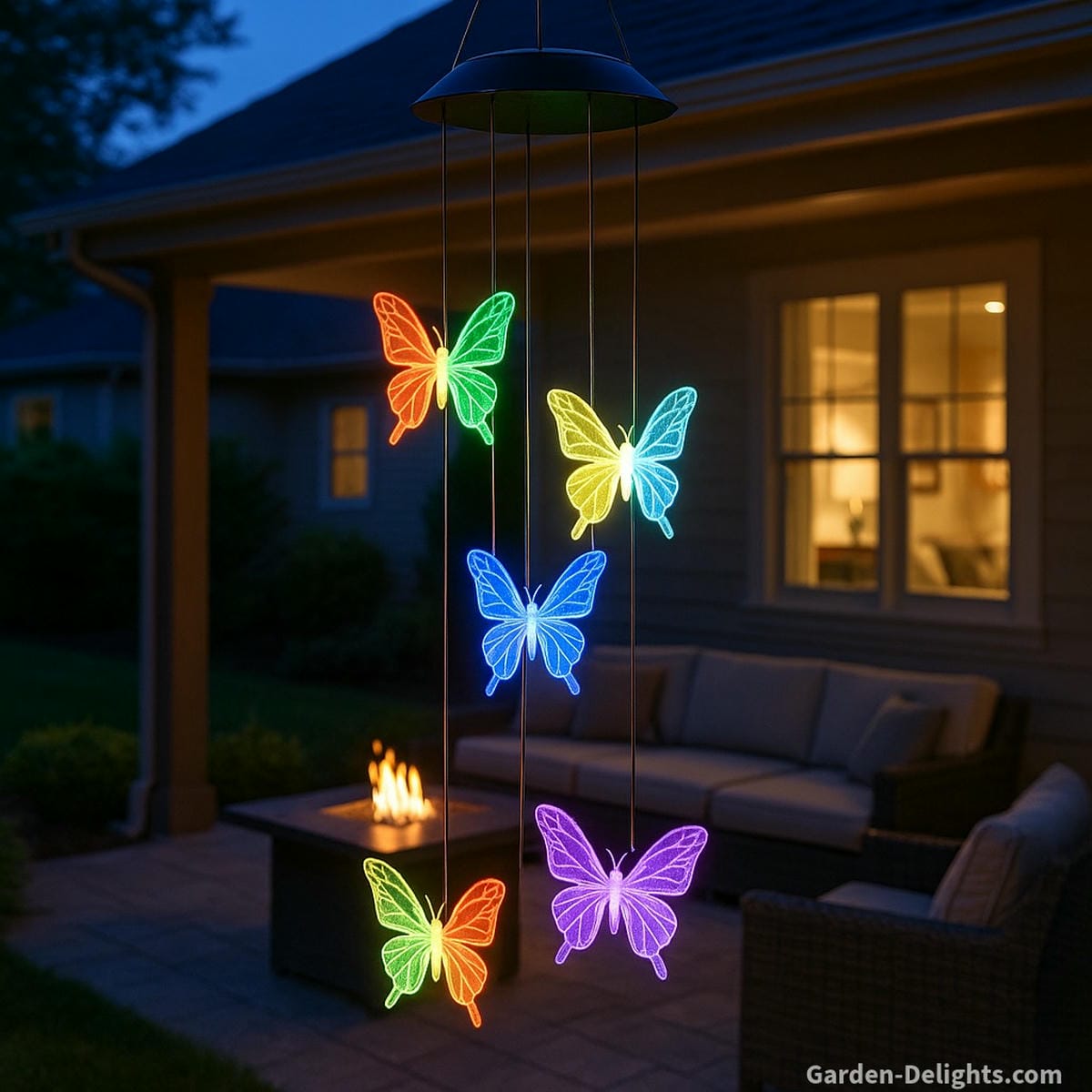Color-changing LED solar wind chimes with butterfly charms glowing at night symbolizing harmony, healing transformation, and ambient Feng Shui energy on a peaceful patio