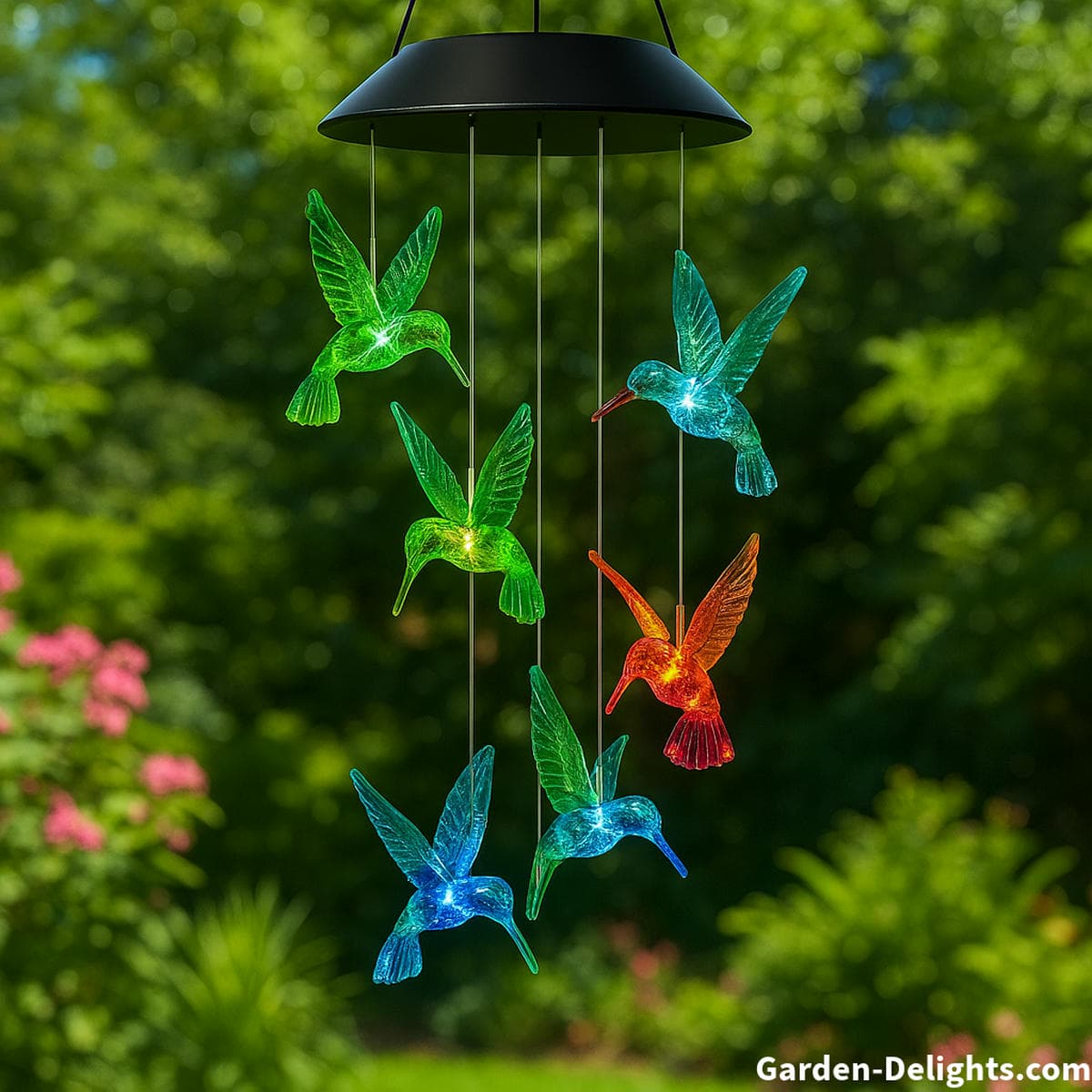 Hummingbird solar wind chimes sparkling in the sun among green plants and colorful blooms symbolizing remembrance, peace, and energy renewal in healing gardens or Feng Shui retreats