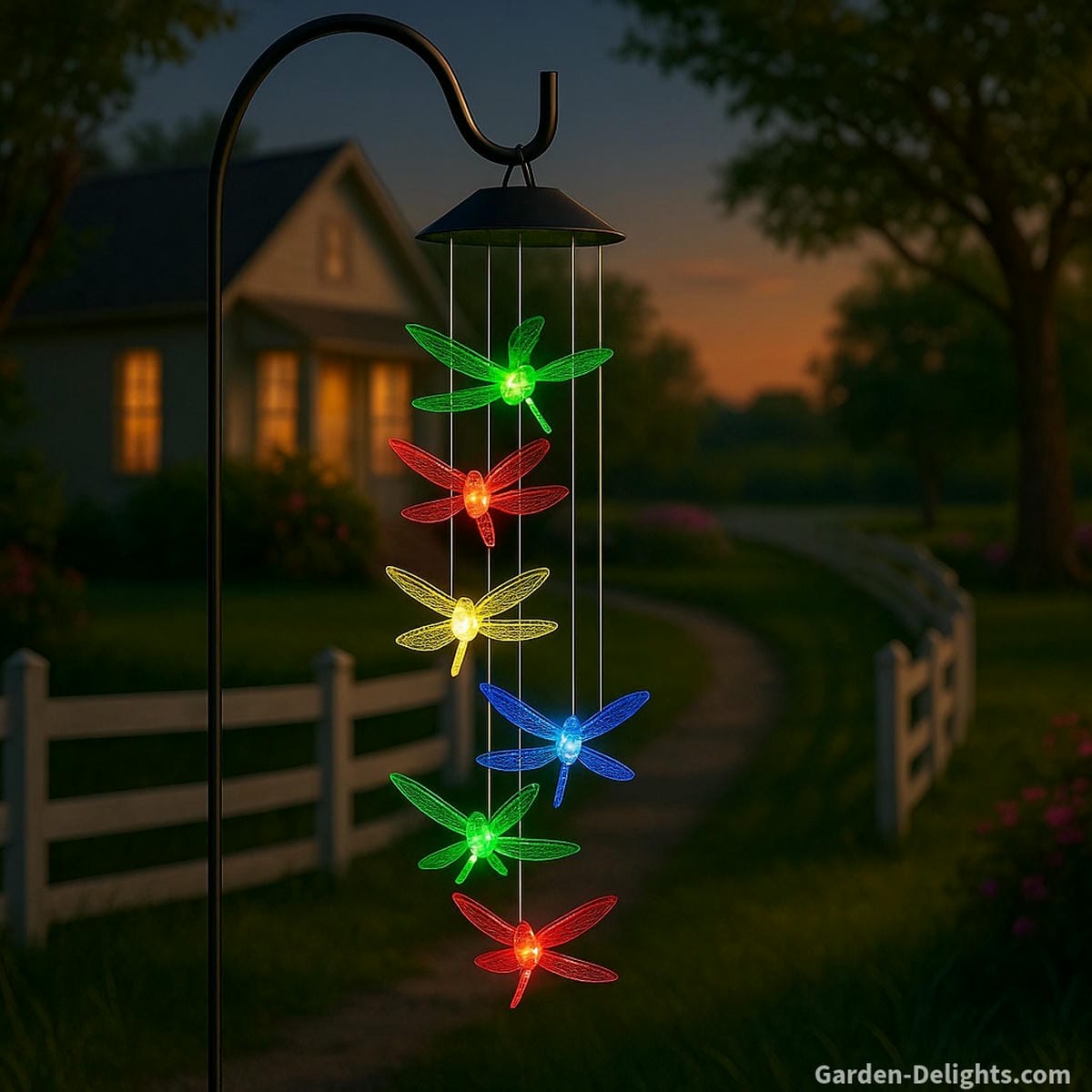 Dragonfly solar wind chimes with glowing LEDs suspended from a tall shepherd’s hook in a blooming garden symbolizing emotional transformation, eco-conscious healing, and Feng Shui energy renewal