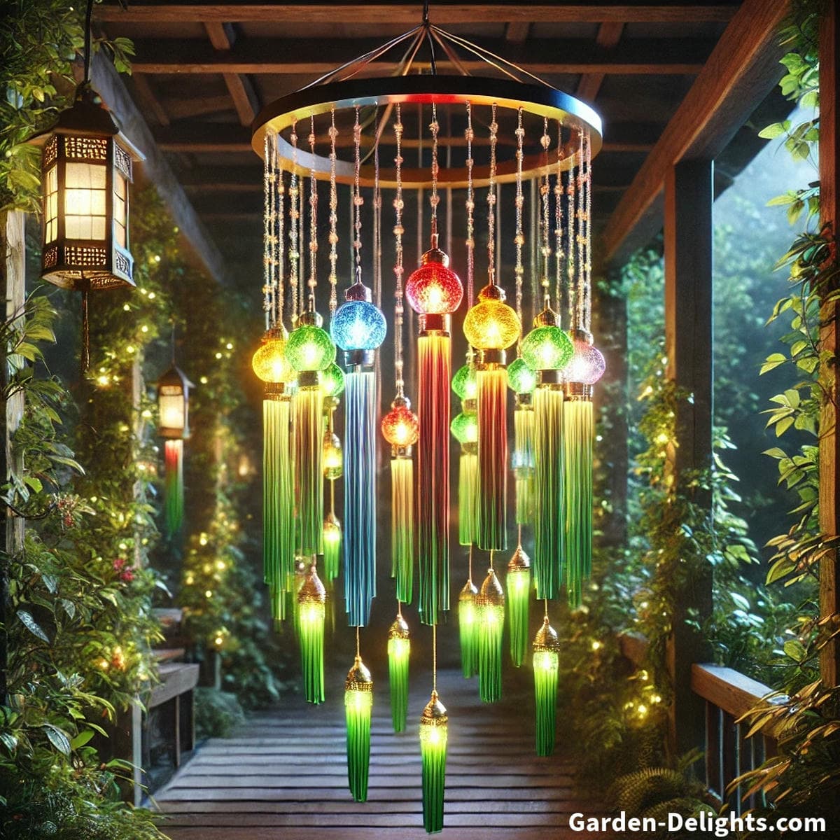 Colorful solar-powered wind chimes glowing with rainbow LED lights in a backyard garden, blending outdoor decor, light therapy, and peaceful ambiance without wind.