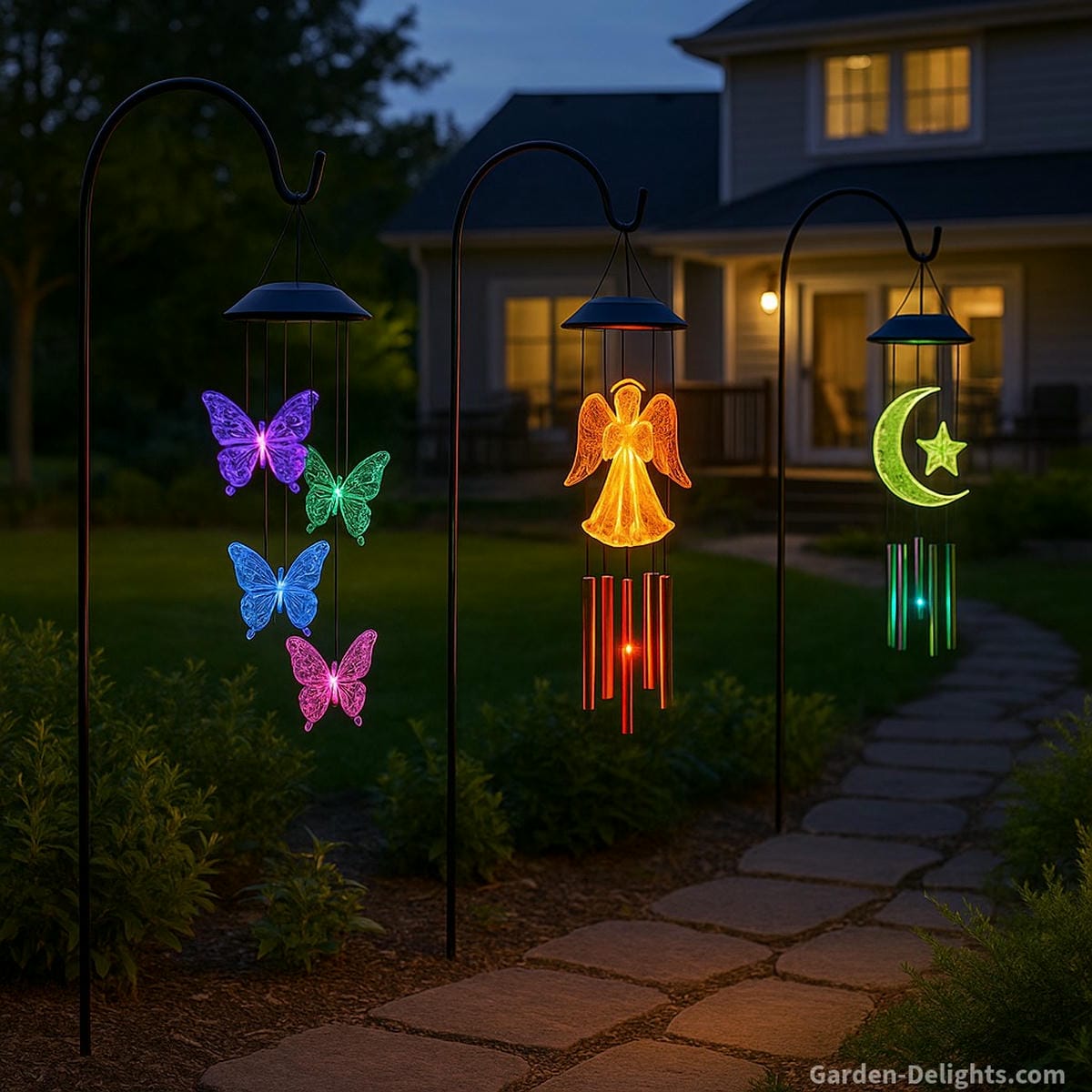 Solar wind chimes with butterfly, angel, and moon motifs glowing softly along a night garden path symbolizing light, healing, and Feng Shui prosperity in sustainable outdoor décor