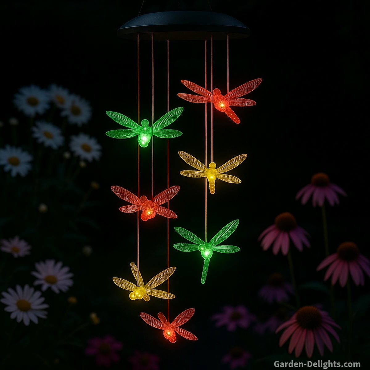 solar wind chimes glowing garden flowers