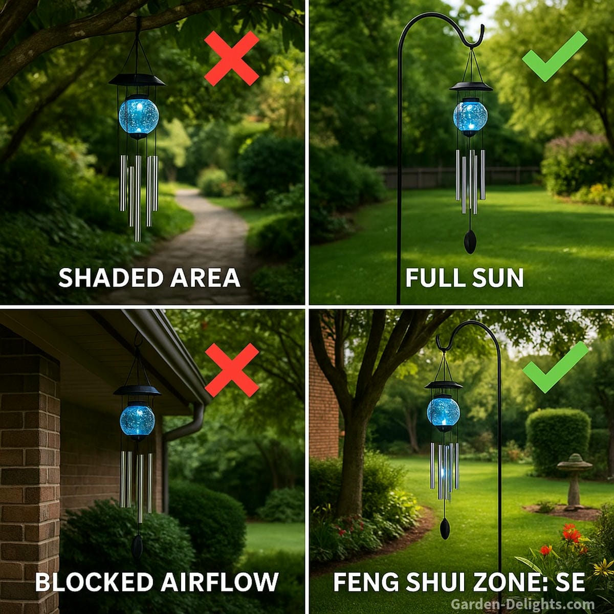 Solar wind chime placement diagram showing ideal sun exposure, airflow, and Feng Shui alignment to enhance light-powered sound healing and spiritual harmony in your garden sanctuary