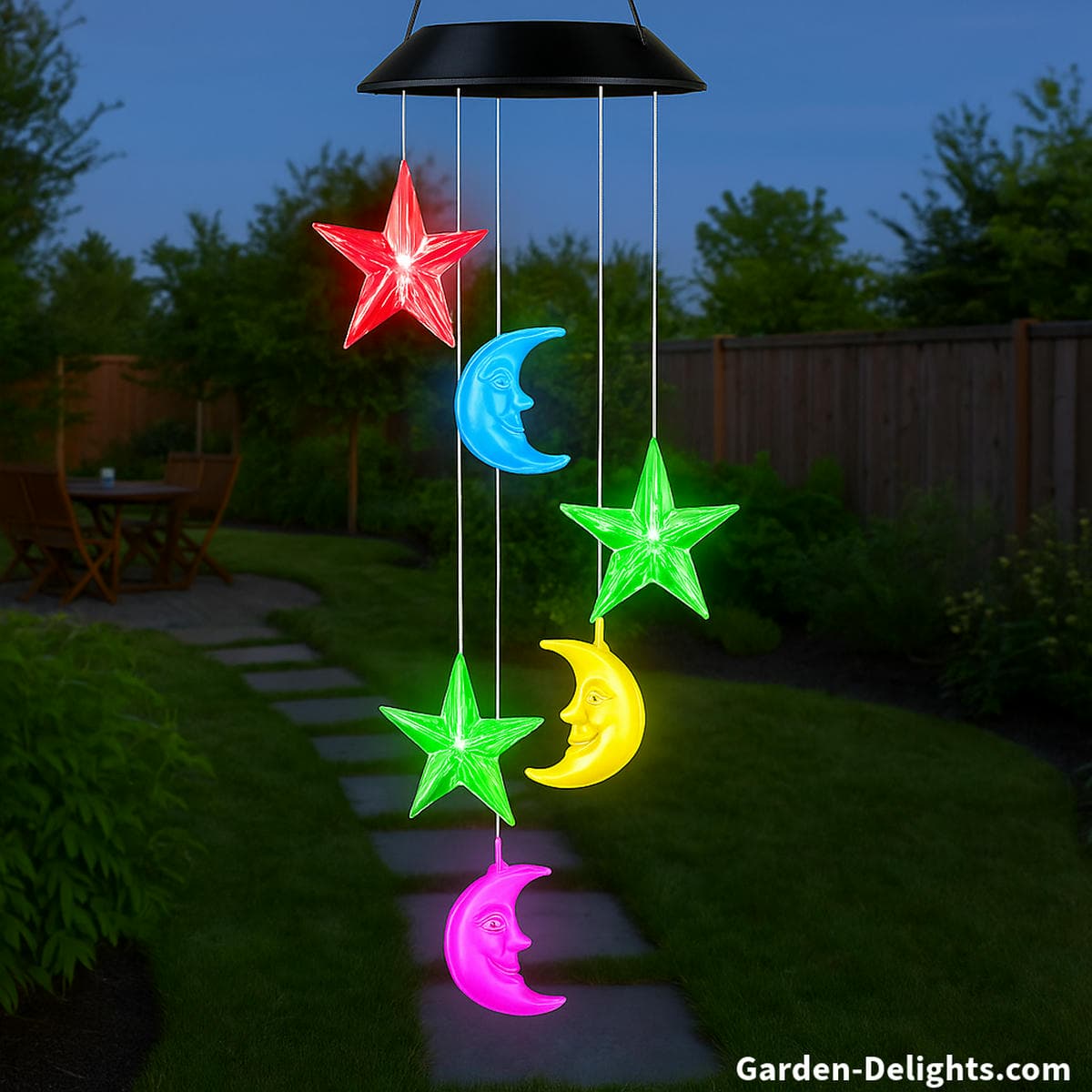 Star and moon solar wind chimes glowing with LED lights at dusk in a peaceful garden symbolizing celestial harmony, emotional peace, and Feng Shui balance through light and sound