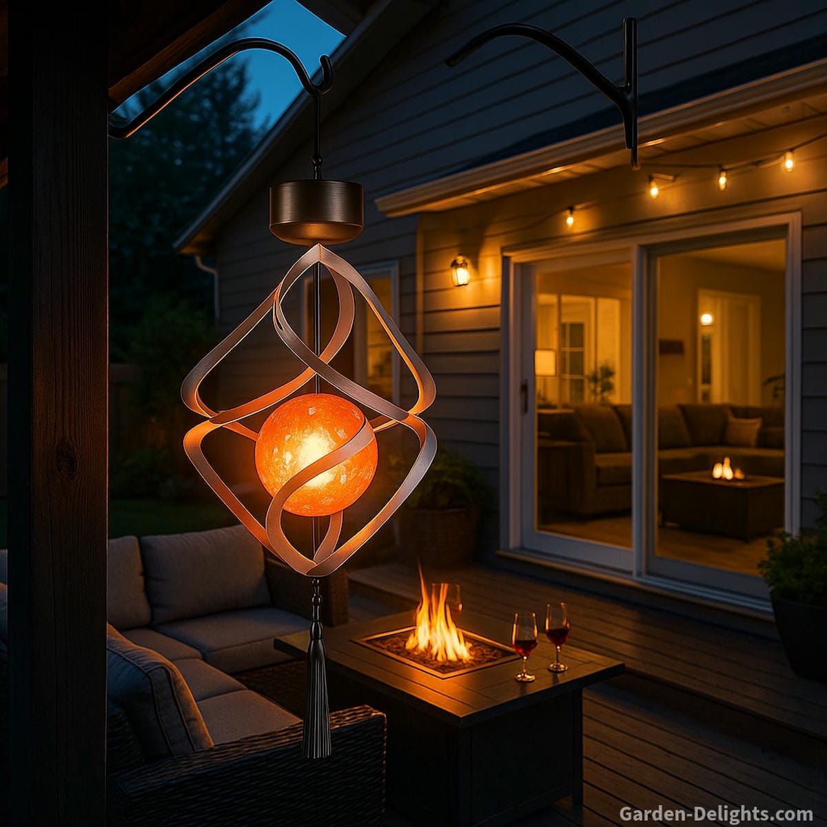 LED color-changing wind chimes glowing in a peaceful patio garden symbolizing emotional harmony, decorative energy flow, and relaxing nighttime ambiance for decks and outdoor sanctuaries