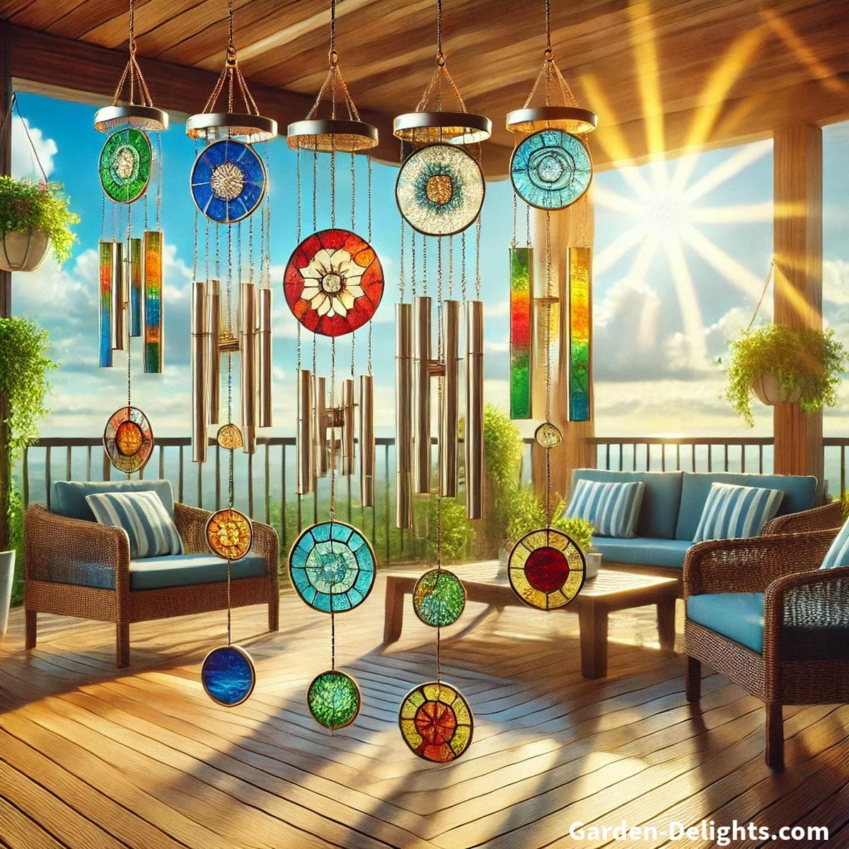Elegant artistic stained glass wind chimes with colorful glass panels and metal details, glowing near a sunlit window for vibrant indoor ambiance