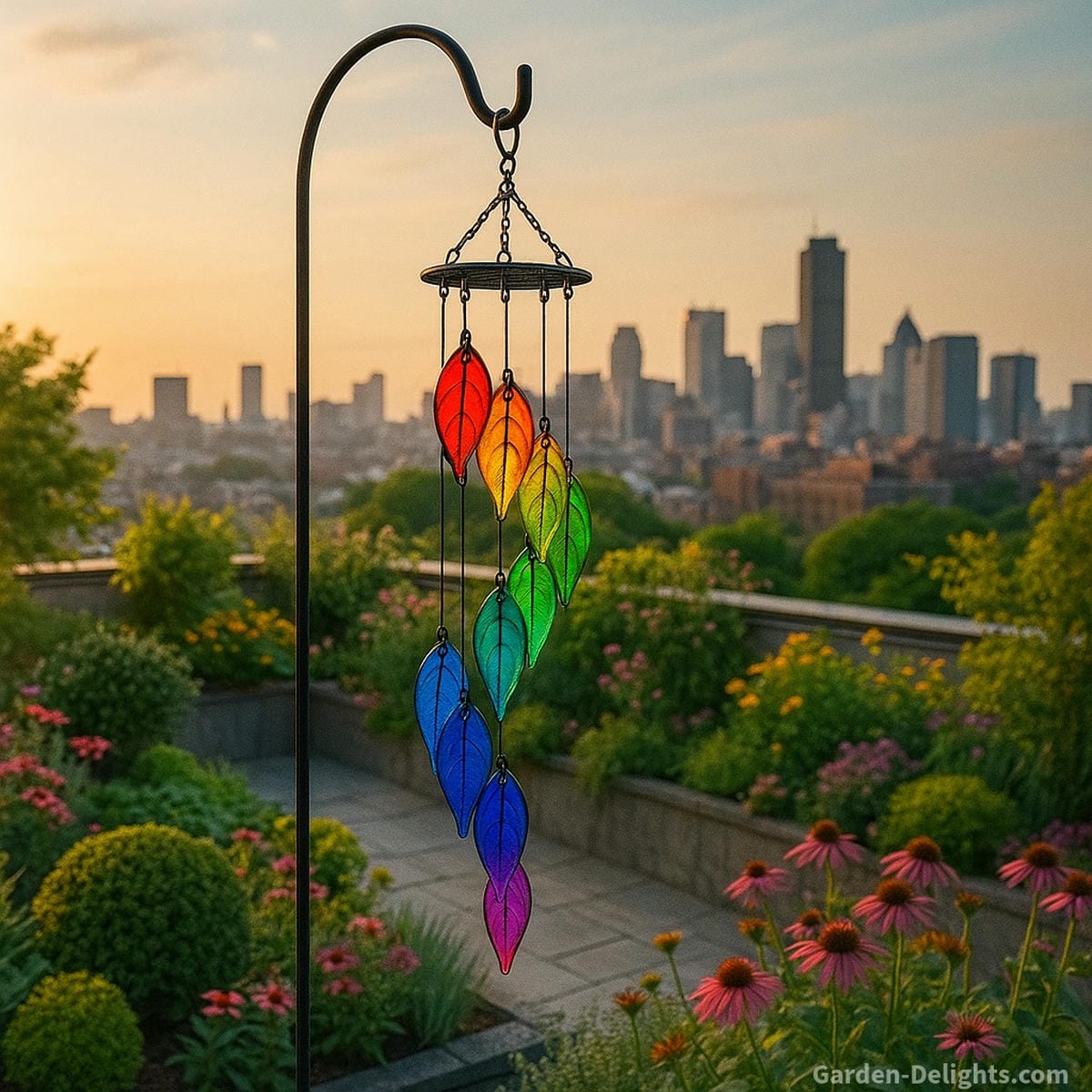Feng Shui stained glass wind chimes with rainbow chakra glass leaves glowing on a rooftop garden enhancing Chi energy, emotional healing, and Bagua color placement in urban spaces