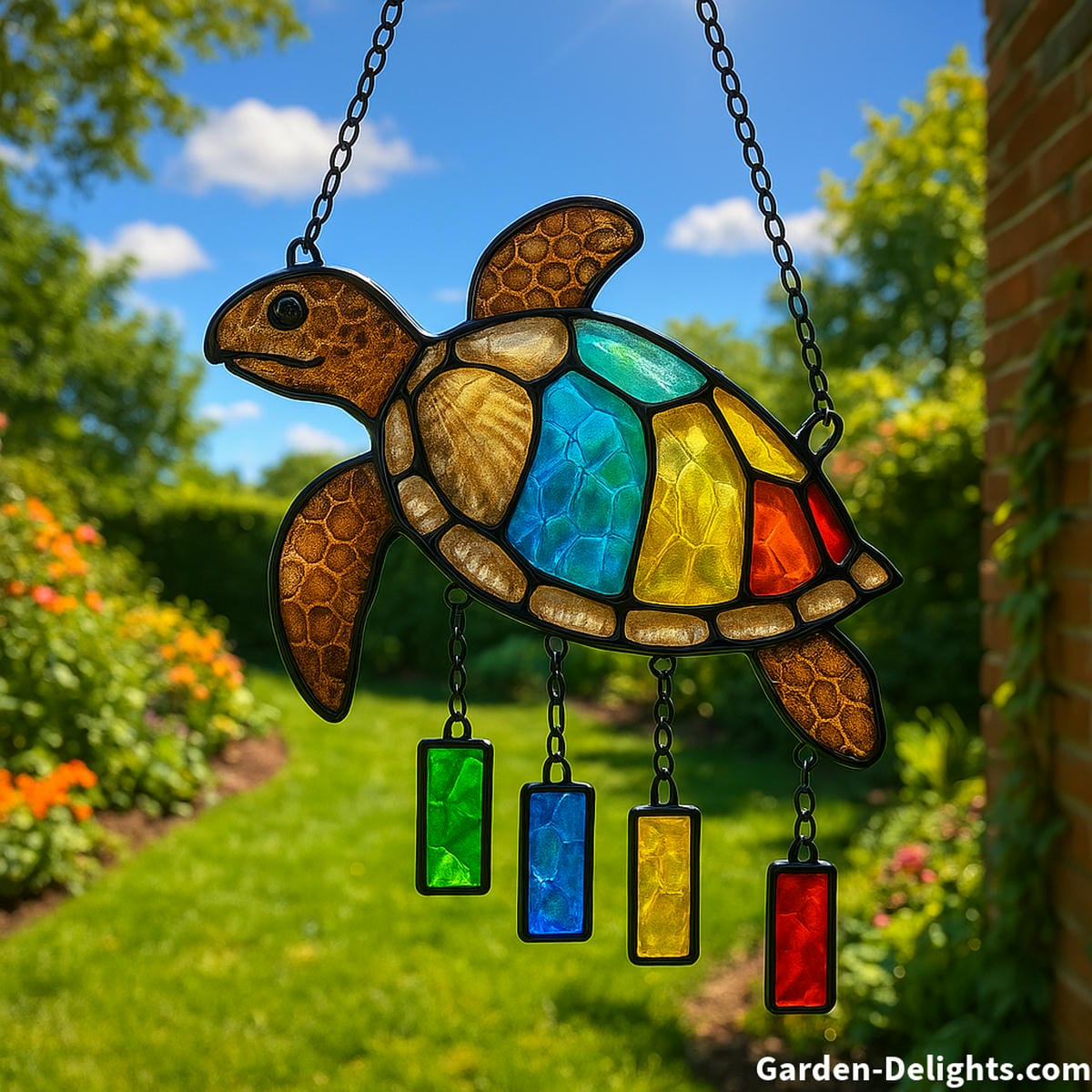 Stained glass turtle suncatcher with chakra-aligned hanging glass strips in a sunlit garden symbolizing ocean calm, spiritual protection, and emotional healing through color and light