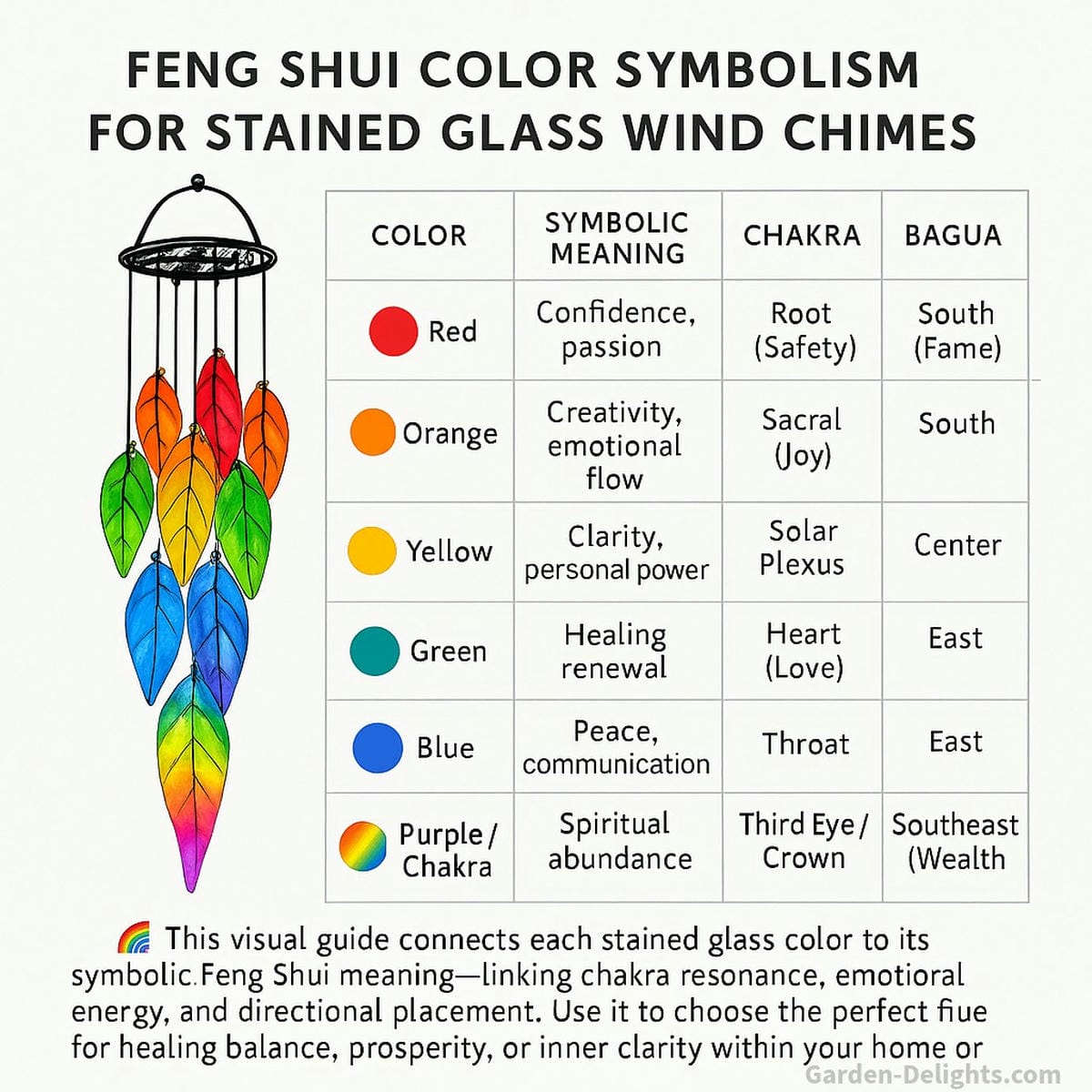 Stained glass wind chime color symbolism chart Feng Shui energy guide showing chakra alignment, emotional healing, and Bagua color resonance for spiritual and spatial harmony