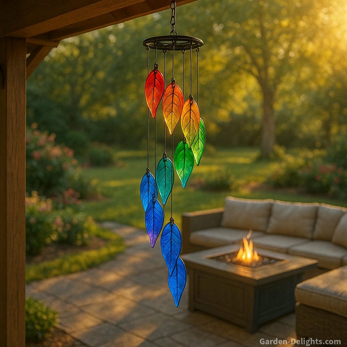 Stained glass wind chimes with leaf-shaped panels glowing in garden sunlight symbolizing emotional clarity, color resonance, and spiritual harmony through Feng Shui energy placement