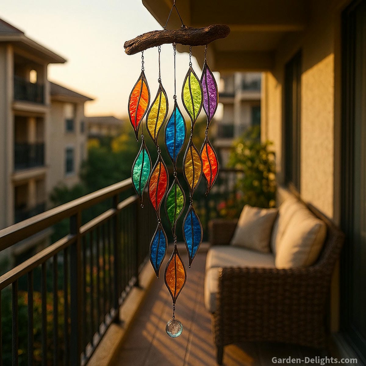 Stained glass wind chimes radiating rainbow light and soft tones on a sunlit balcony symbolizing emotional healing, remembrance, and Feng Shui energy alignment in compact outdoor sanctuaries