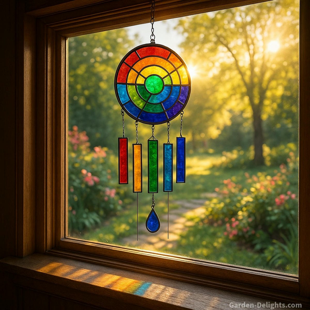 Stained glass wind chime glowing in sunlight near a garden window symbolizing grief support, chakra balance, and emotional healing through color resonance and spiritual vibration