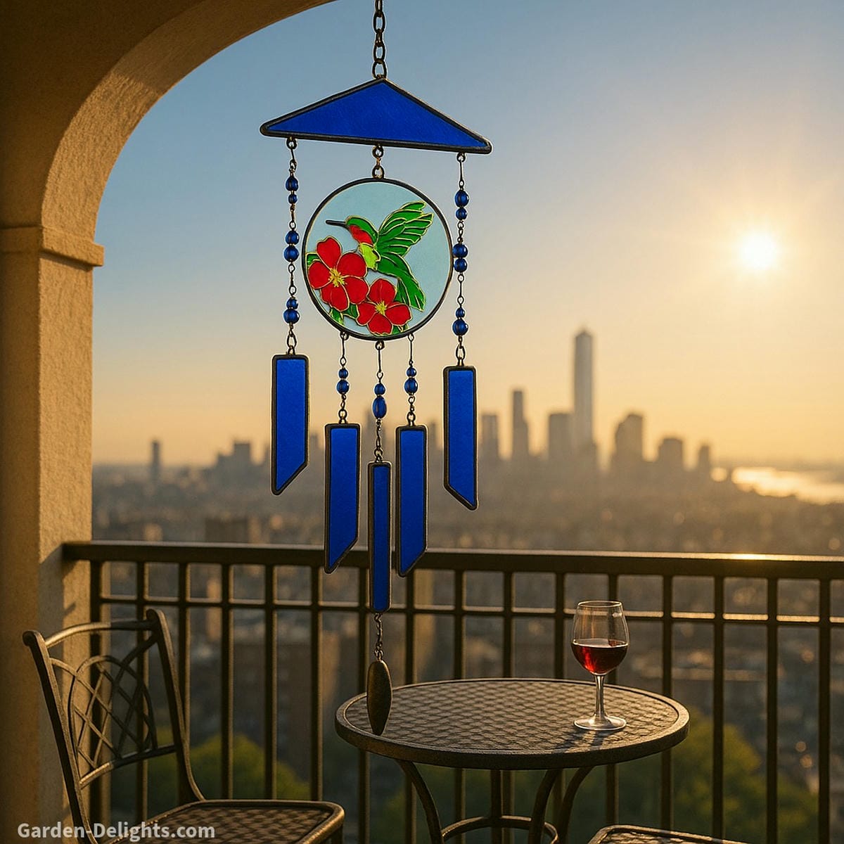 Stained glass wind chimes with blue geometric panels and hummingbird motif glowing at sunset symbolizing chakra healing, emotional restoration, and spiritual tranquility on city balconies