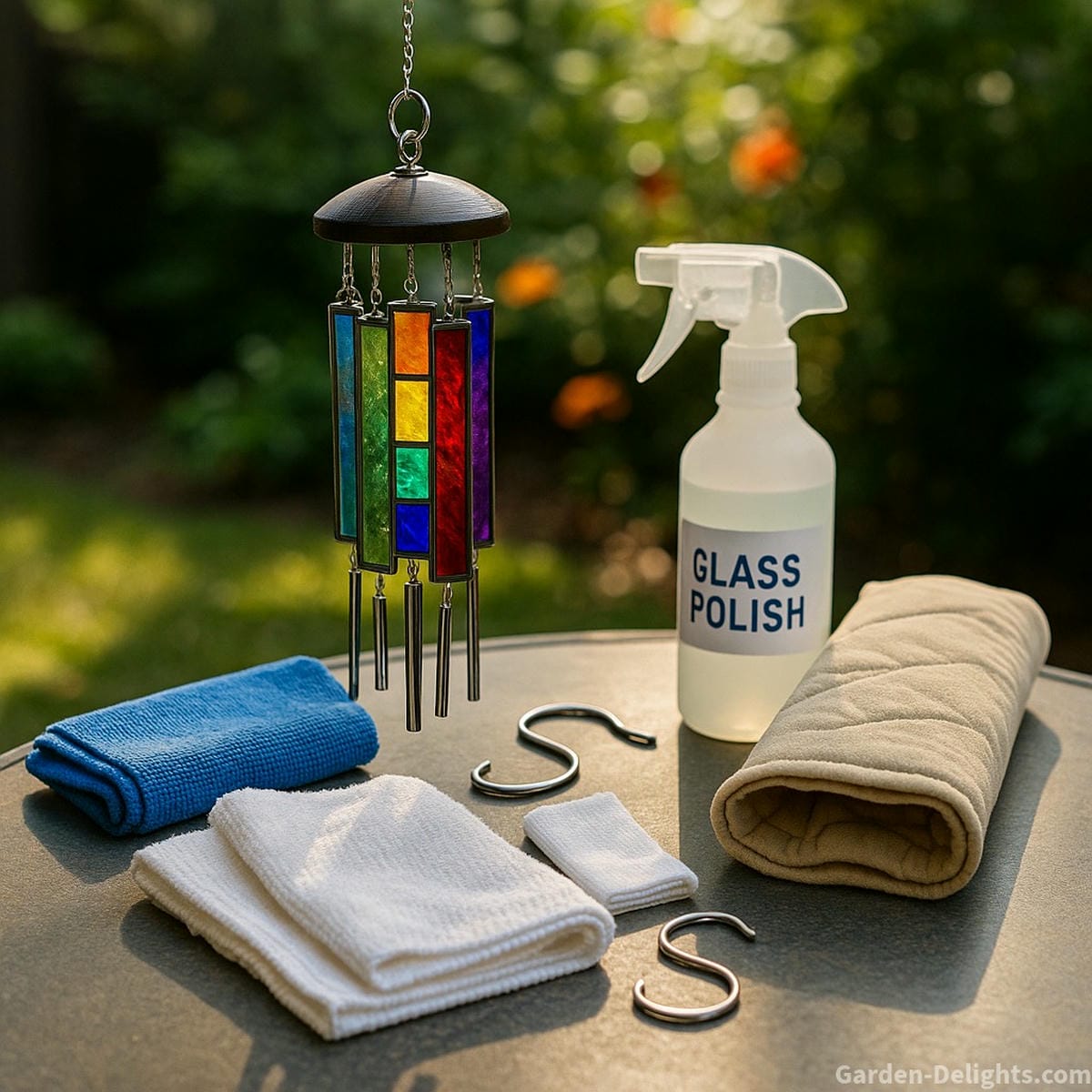 Patio table with stained glass wind chime care tools soft cloths, polish, UV spray, and padded wrap beside glowing chimes symbolizing light energy maintenance and emotional renewal in sacred garden décor