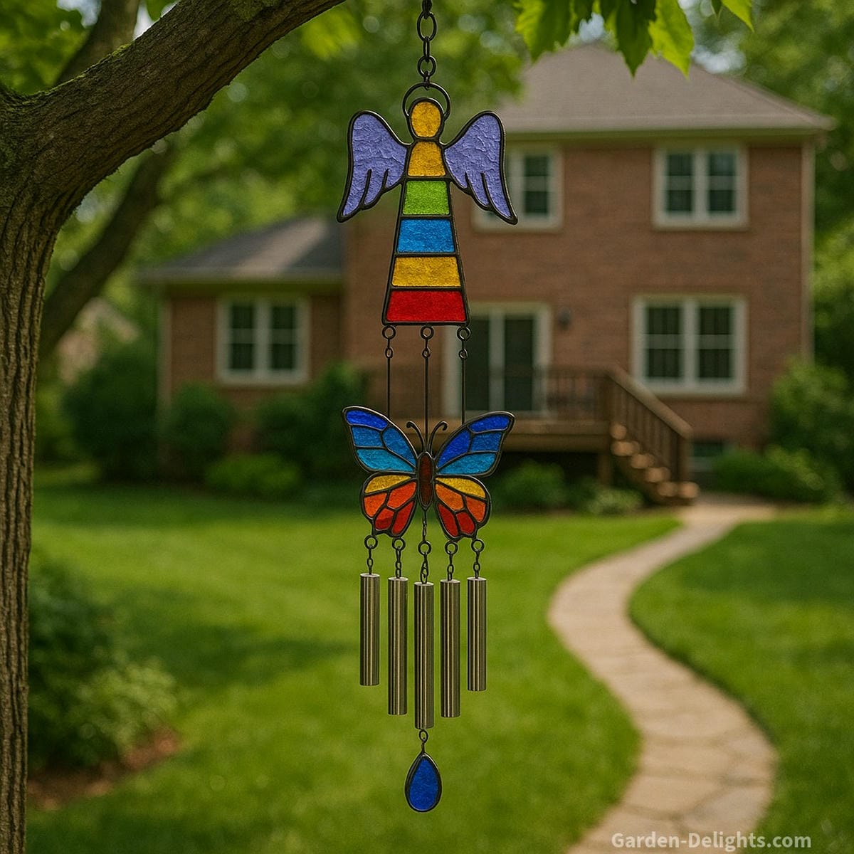 Stained glass wind chimes with angel wings, rainbow chakra panels, and butterfly shapes glowing in a peaceful garden symbolizing grief healing, emotional lightwork, and joy through sound, color, and spiritual resonance