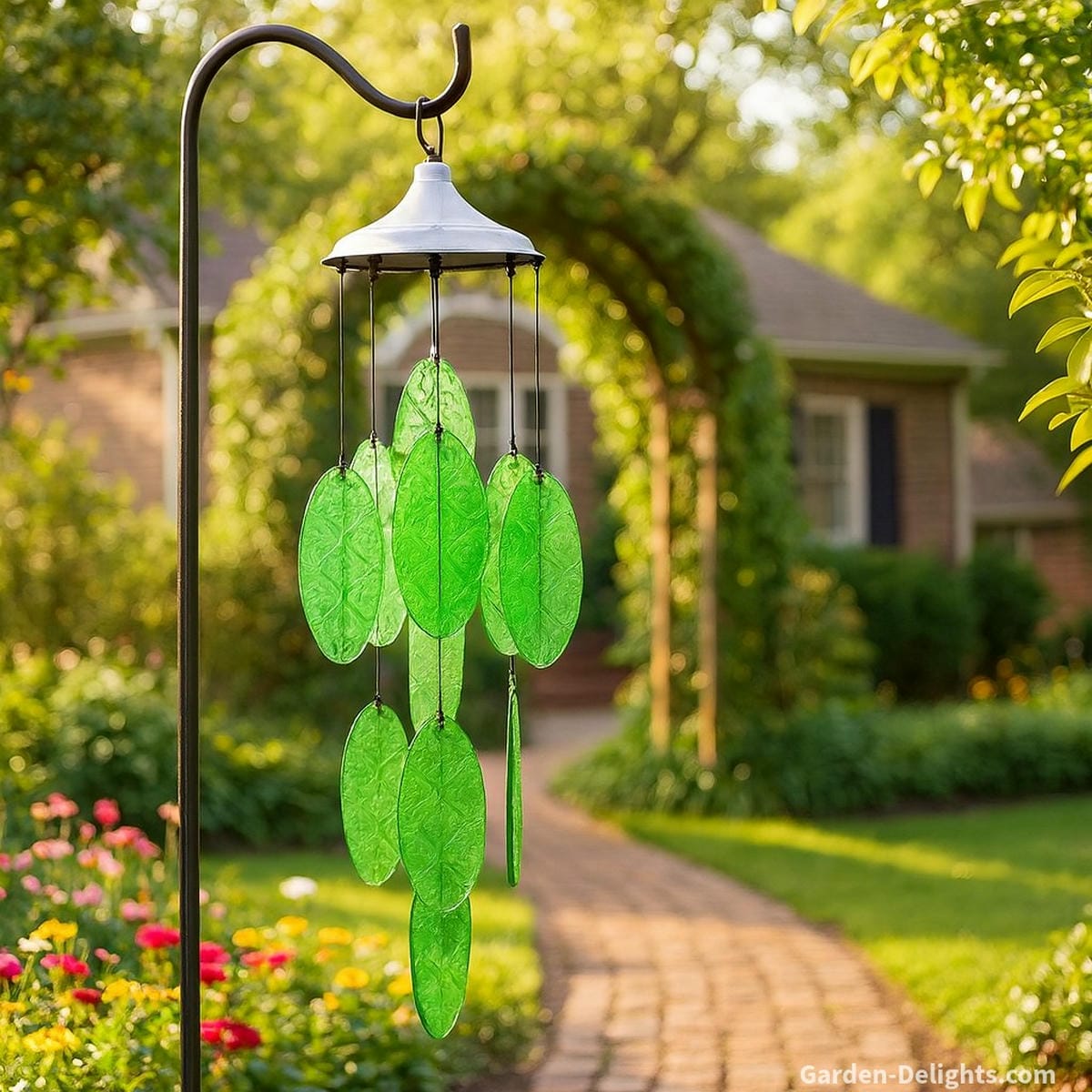 Green stained glass wind chimes on shepherd’s hook in sunlit garden channeling heart chakra energy, emotional healing, and Feng Shui harmony through calming light and sound