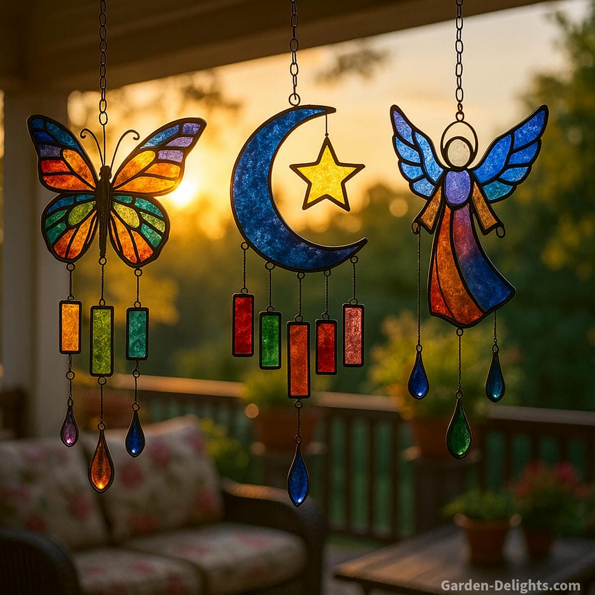 Stained glass wind chimes in angel, butterfly, and moon shapes glowing in sunset light symbolizing spiritual intent, memorial peace, emotional healing, and reflective garden energy