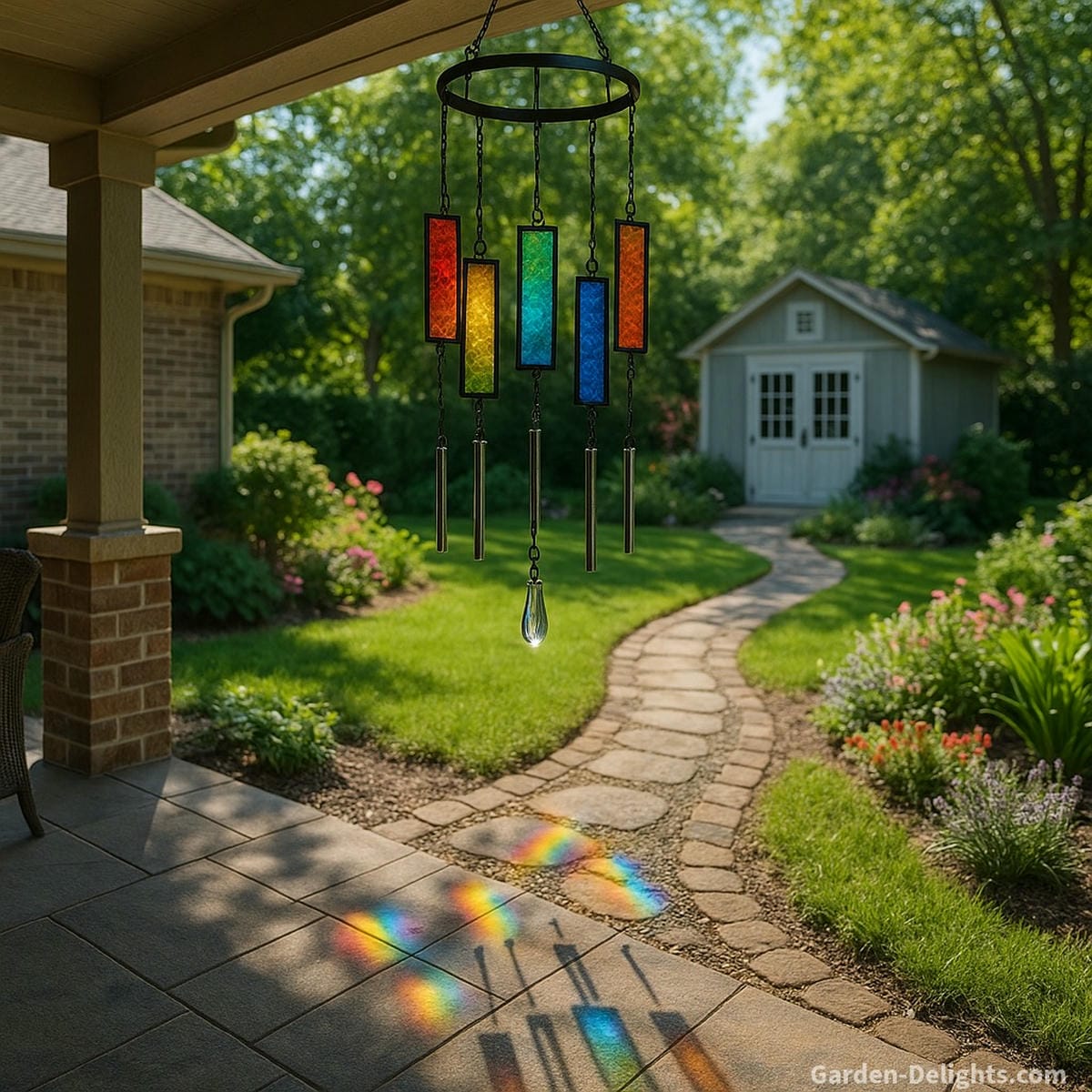 Stained glass wind chimes glowing above a peaceful garden pathway casting radiant reflections and emitting gentle tones for spiritual clarity, energy alignment, and symbolic emotional harmony