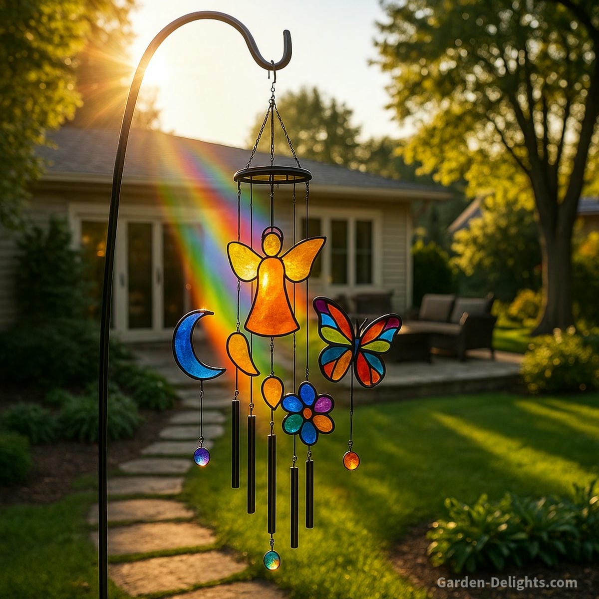 Stained glass wind chimes in angel and butterfly shapes glowing under rainbow light symbolizing peace, transformation, and emotional renewal in a healing garden sanctuary