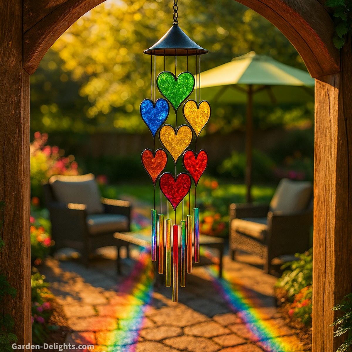 Stained glass heart wind chime casting rainbow light under garden archway symbolizing emotional healing, spiritual energy flow, and Feng Shui harmony in outdoor sanctuary spaces