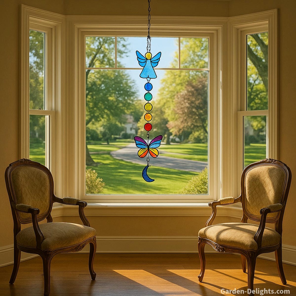 Stained glass wind chimes with angel, chakra, and butterfly symbols glowing in a bright bay window reflecting emotional healing, remembrance, and spiritual harmony through radiant light and gentle tone