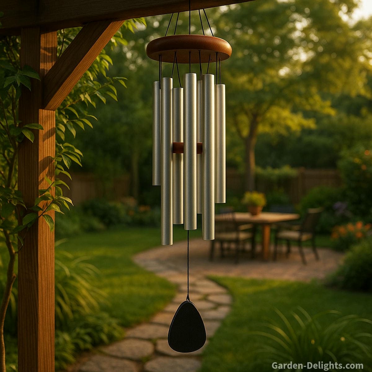 Aluminum wind chimes shimmering in a peaceful patio garden, symbolizing emotional clarity, resonance, and Feng Shui metal element harmony through bright, long-sustaining tones